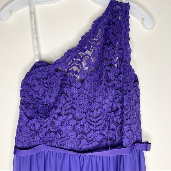 Davids Bridal One Shoulder Dress Lace Corded Short Bridesmaid New Purple Size 12 - Picture 4 of 13